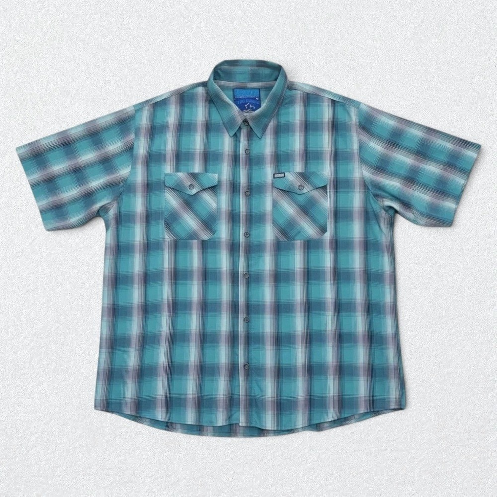 Dixxon Flannel Co Blue Marlin Shirt Mens 4XL Turquoise Plaid Bamboo Short Sleeve